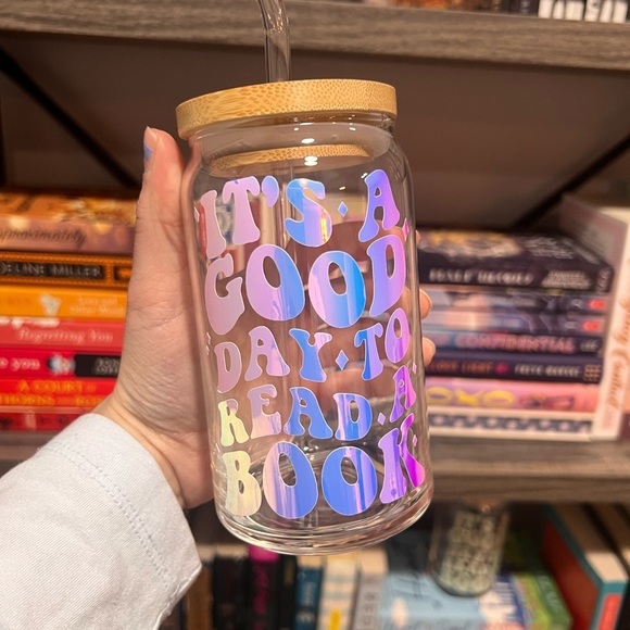 thejoonandco Other - Holographic it’s a good day to read a book glass with bamboo lid and straw